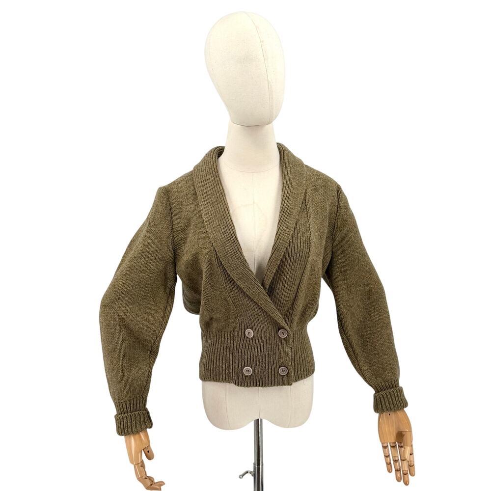 Vintage 60s Olive Green 100% Wool Puff Sleeve Shawl Cardigan Sweater